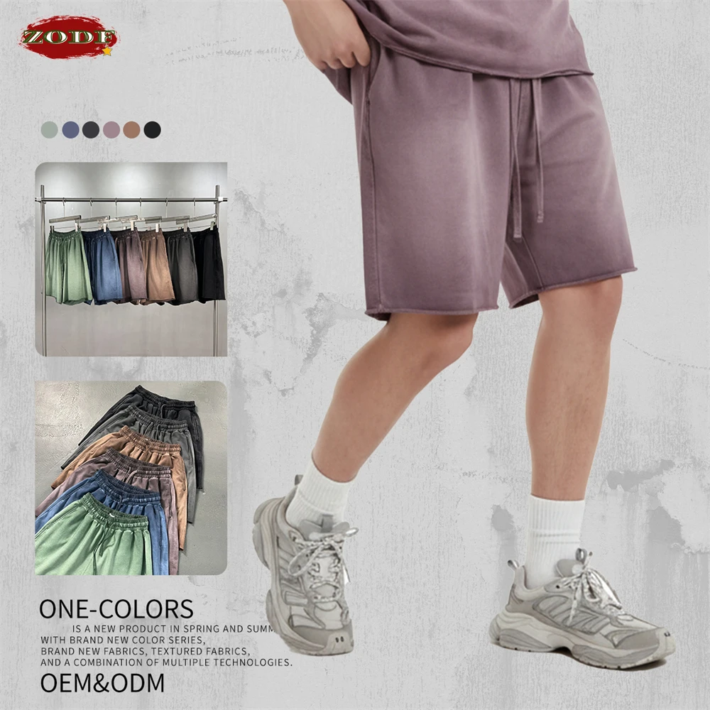 

Винтажные летние шорты ZODF с градиентной окраской, 320 г/м², для мужчин, унисекс, в стиле ретро, свободного кроя, с необработанными краями, HY1248