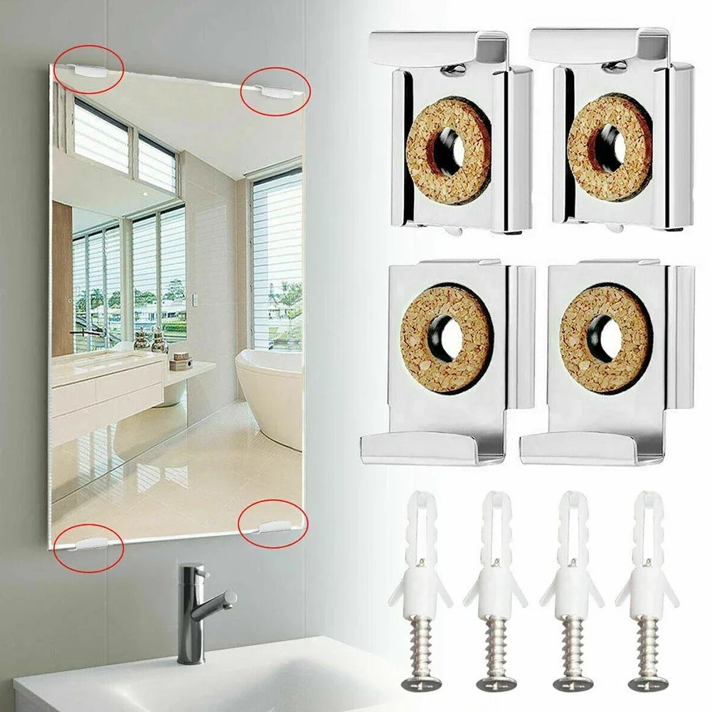 4pcs Bathroom Mirror Glass Wall Hanging Fixing Kit Frameless Clips Mounting Hanger Clamp Chrome Wall Brackets Clamps