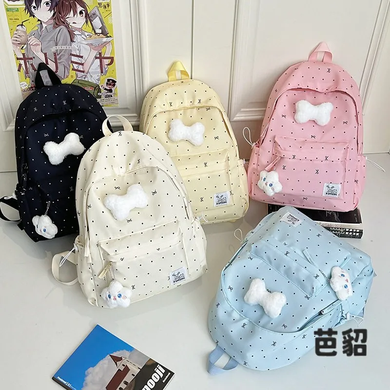 Middle School Student Backpack  Knot Dual Shoulder Bag for Girls Student Bag Polka Dot Atmosphere Female Backpack