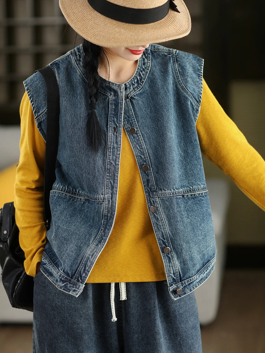 

Ретро джинсовый жилет на одной пуговице для женщин, весенняя модная верхняя одежда с круглым вырезом, однотонный дизайн