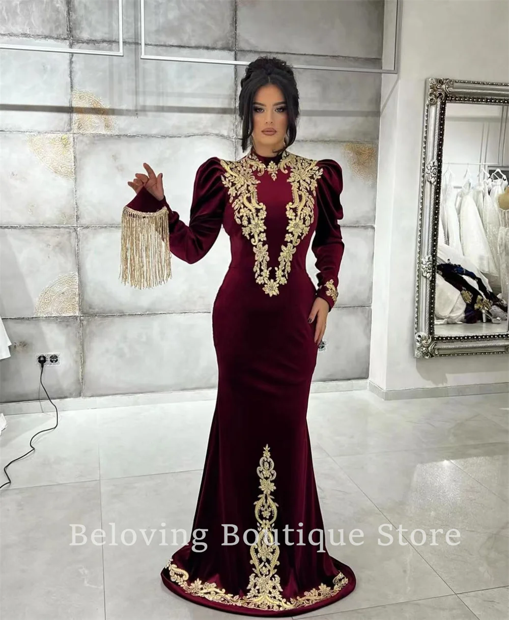 Moroccan Kaftans Appliques Mermaid Evening Dresses 2024 Robes Arabic Long Sleeves Prom Dress Muslim Beaded Wedding Party Gowns