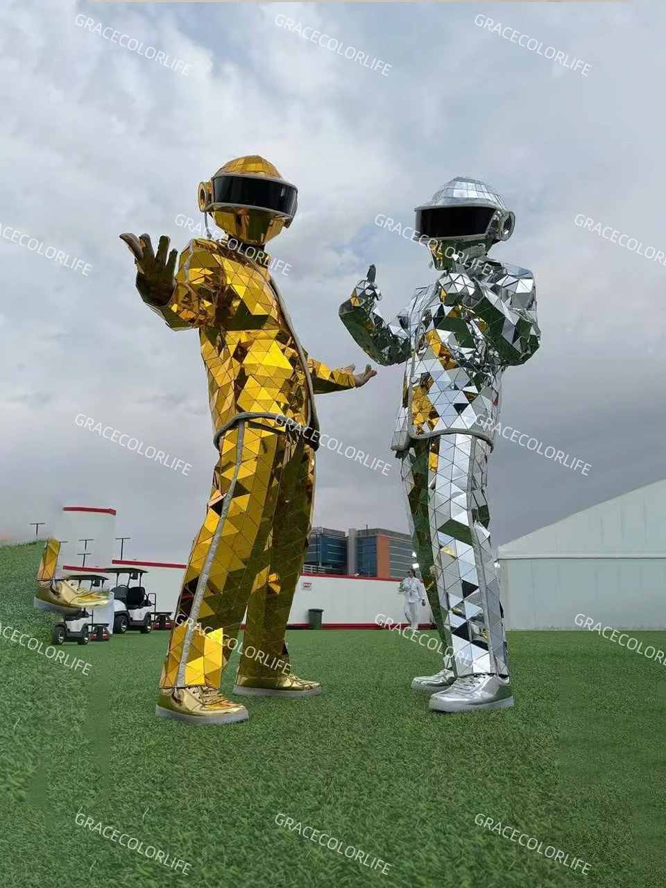 มือเย็บคอสเพลย์ Silver Stilts Walker กระจก LED Man แสดงทองชุดเวทีชุดประสิทธิภาพหน้ากากเครื่องแต่งกายแก้วคอสเพลย์เสื้อผ้า