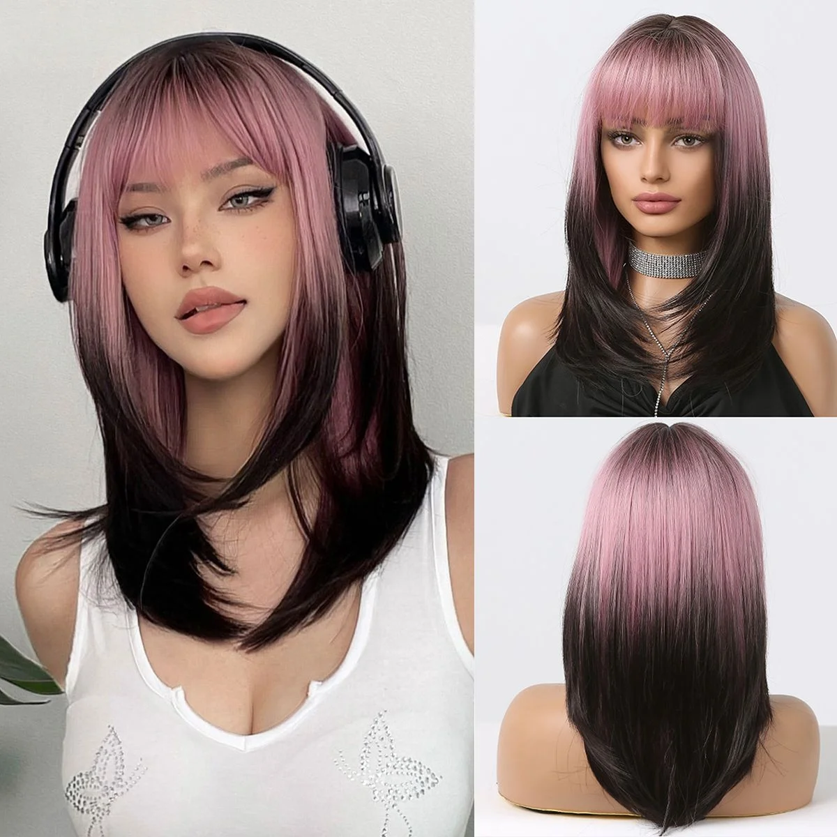 

Long Straight Pink to Black Wig with Full Bangs for Women Synthetic Hair Heat Resistant Fiber Realistic Daily Wear Cosplay Party