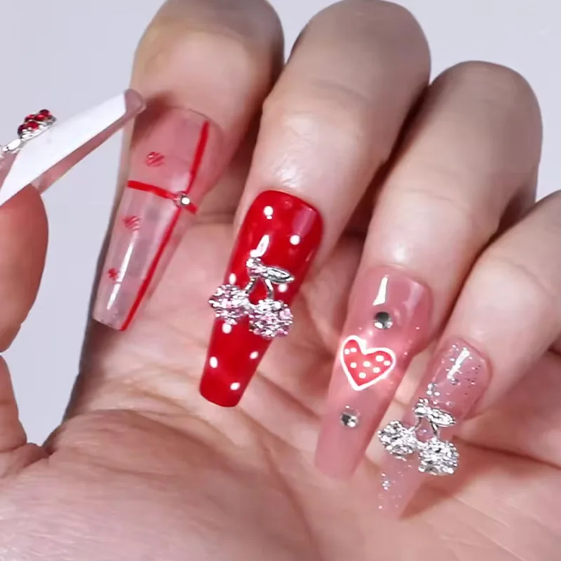 30 PCS Cherry nail art alloy gemstone jewelry, dazzling sparkle, embedded gemstones, cherry-shaped, 3D wearable jewelry.