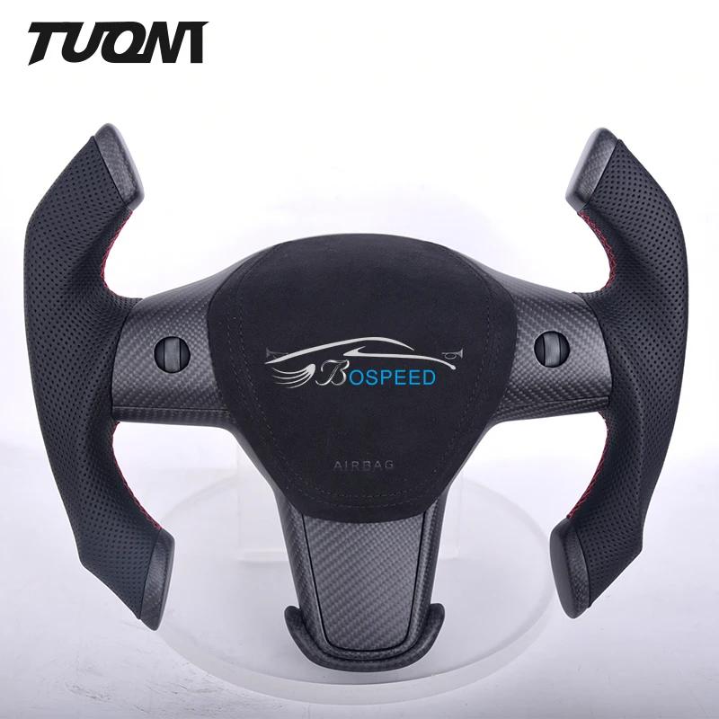 Modify Custom Black Perforated Leather Carbon Fiber Steering Wheel For Tesla Model 3 Model Y