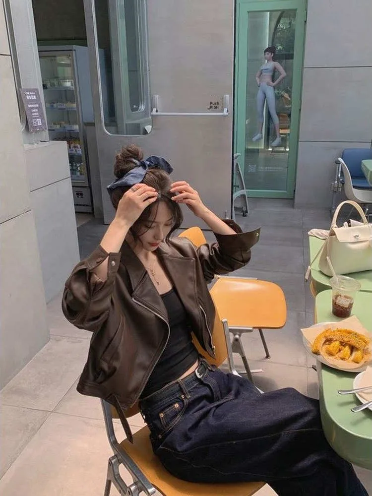 

Retro Coffee Brown Motorcycle PU Leather Jaet Women's Spring Autumn Trendy Loose Sle Faionable Top Zipper Closure