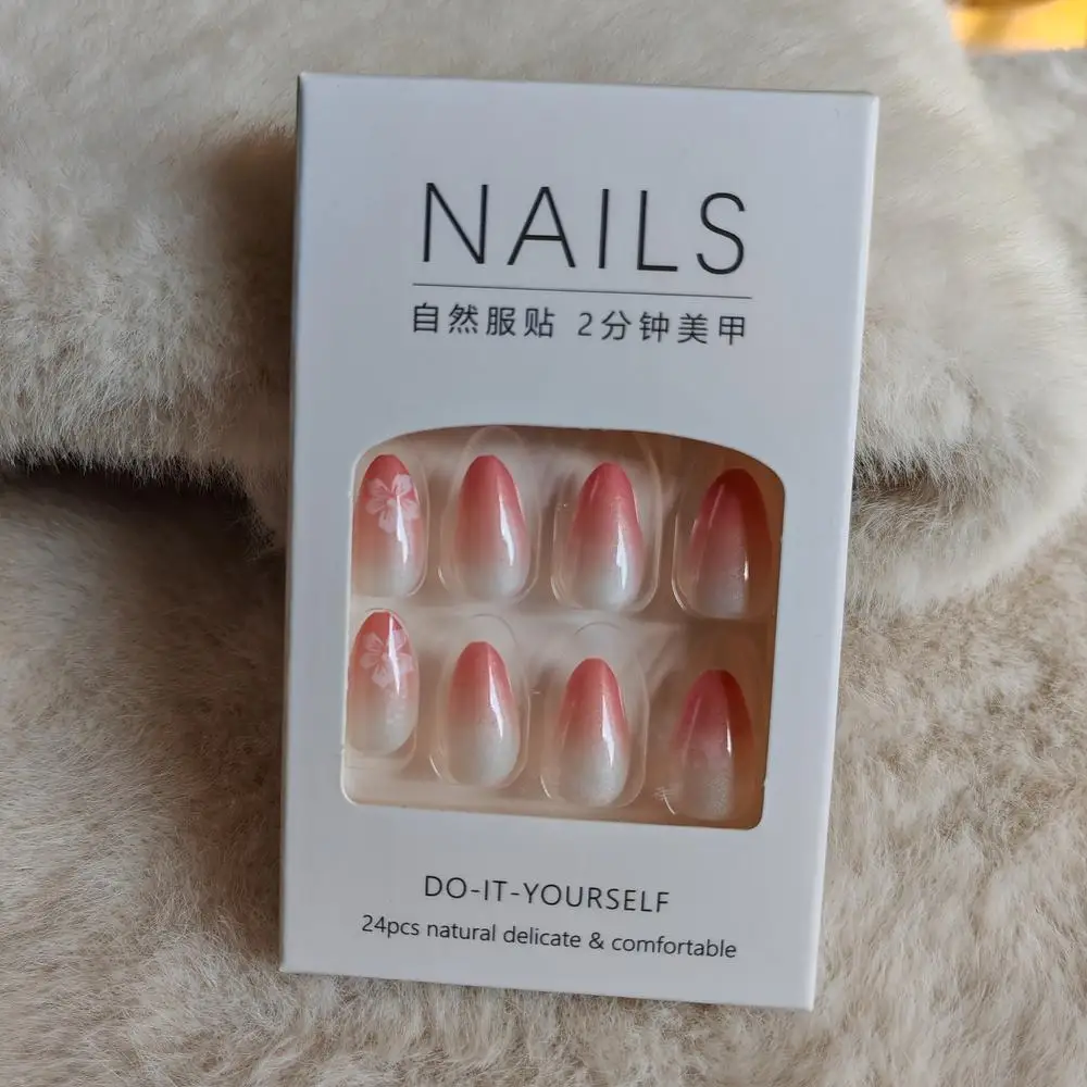 

Flower wearing nail pink blue gradient French sweet and versatile gentle fake nail flower detachable nail patches 30 pieces