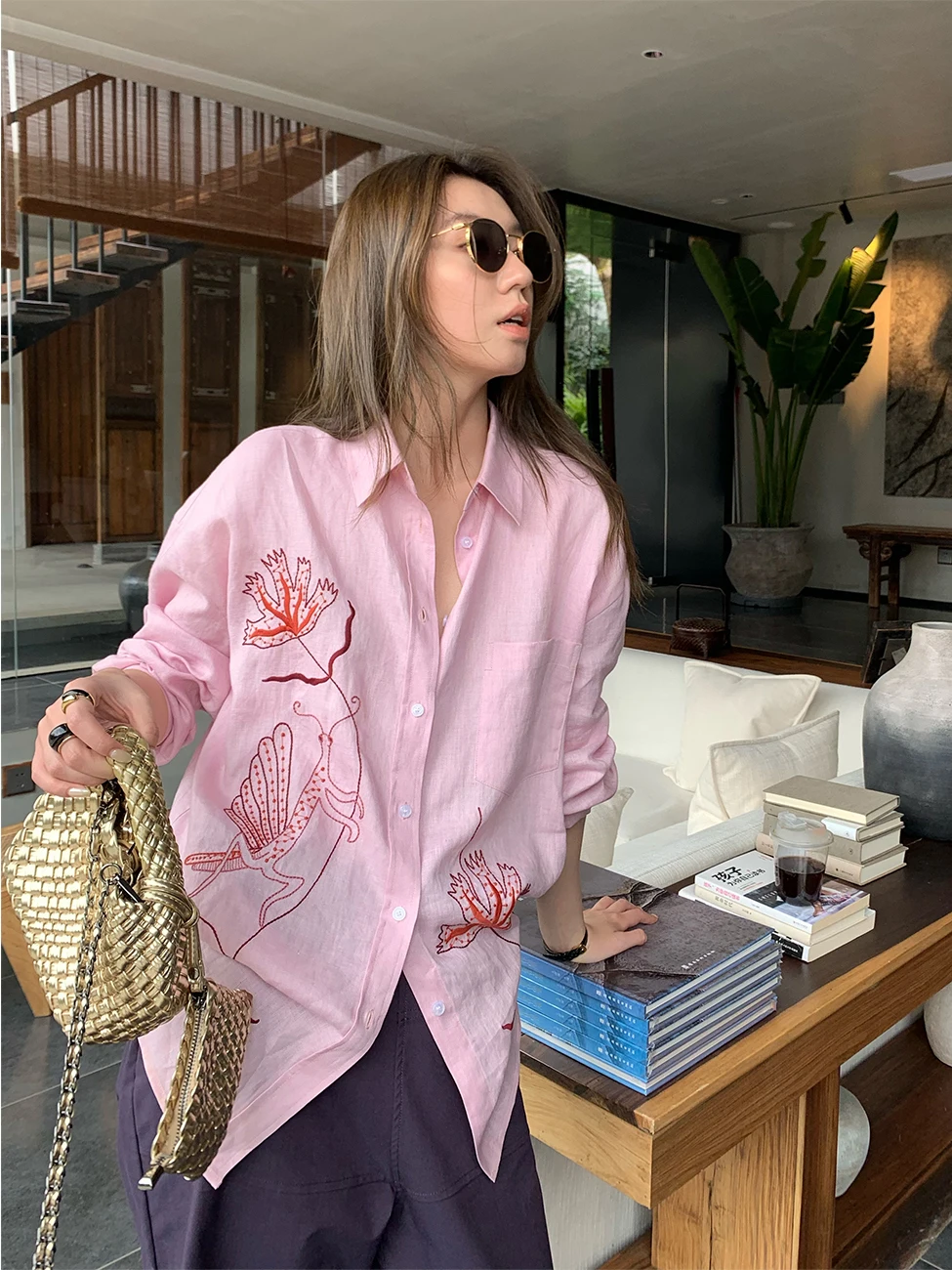 

Розовая свободная повседневная длинная све с вышивкой, женская летняя новая блузка для похудения с защитой от солнца