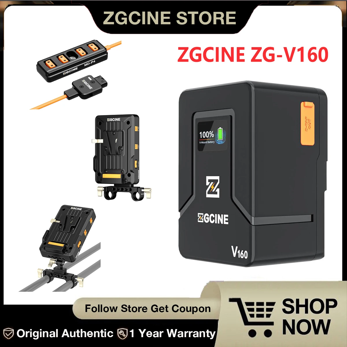 ZGCINE ZG-V160 9600mAh V-Mount Battery + Battery Plate/MD-P4 Cable  for Continuous Lighting,zg V160 battery.