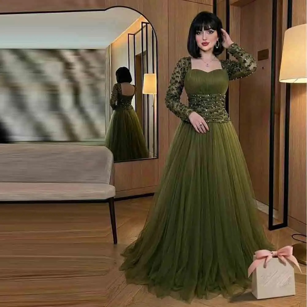 Customized Sequin Embroidered Evening Dress Sweetheart Long Sleeve Wedding Party Gown Olive Green Tulle Formal Maxi Dresses
