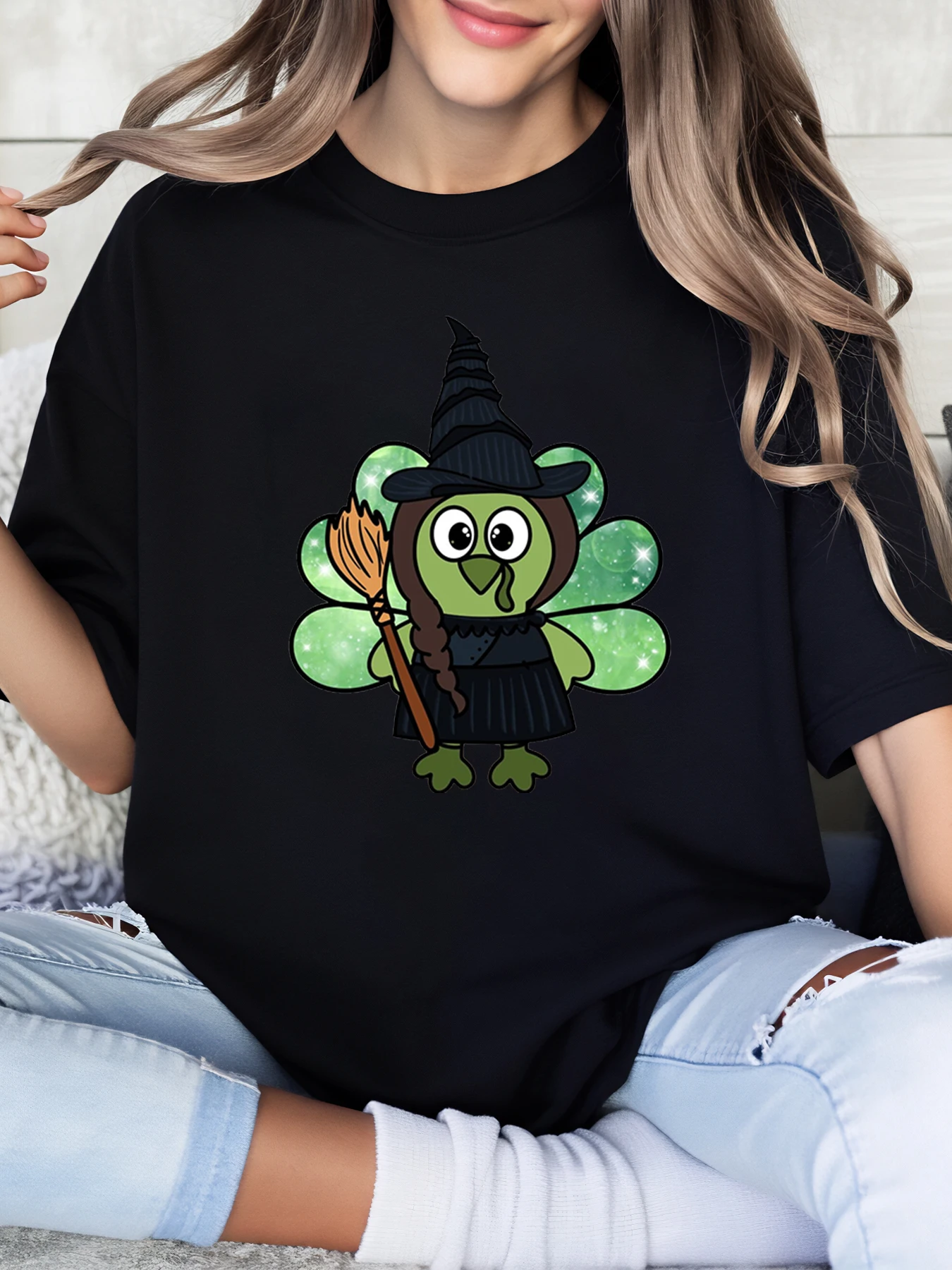 Camiseta de Halloween con estampado de búho de bruja y trébol, ropa informal para mujer, color negro, talla grande