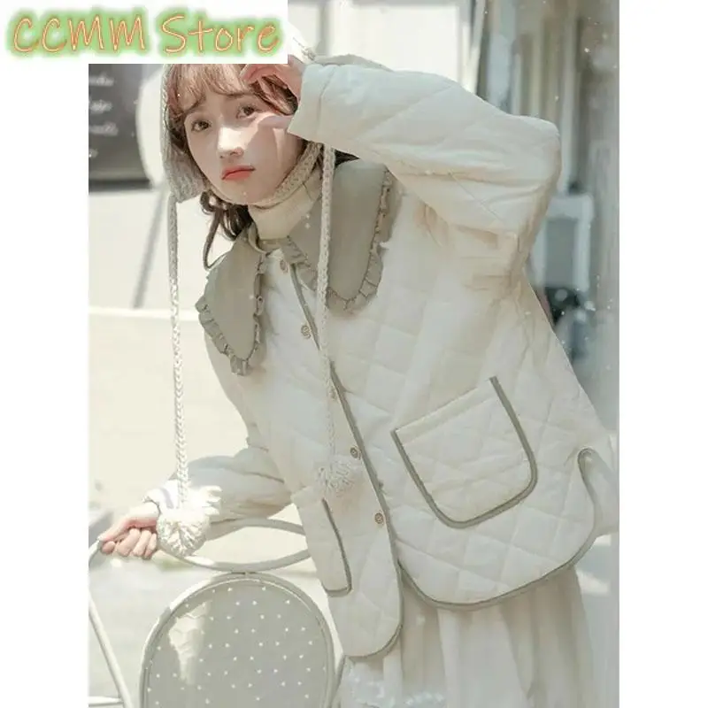 Splicing Doll Collar Women's Cotton Coat Autumn Winter New Foreign Female Rhombic Design Thick Jacket Warm Velvet Overcoat