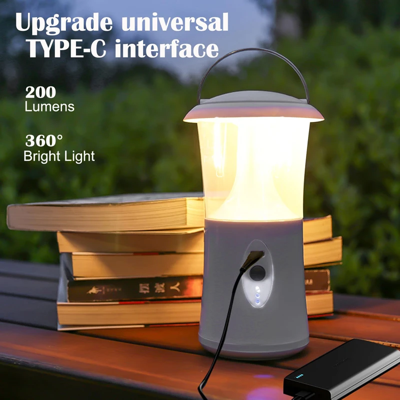 فانوس تخييم قابل لإعادة الشحن، 200LM 360 °   مصباح خيمة LED مع 3 أوضاع تعتيم ستبليس، ضوء طوارئ محمول قابل للطي بقدرة 1200 مللي أمبير في الساعة