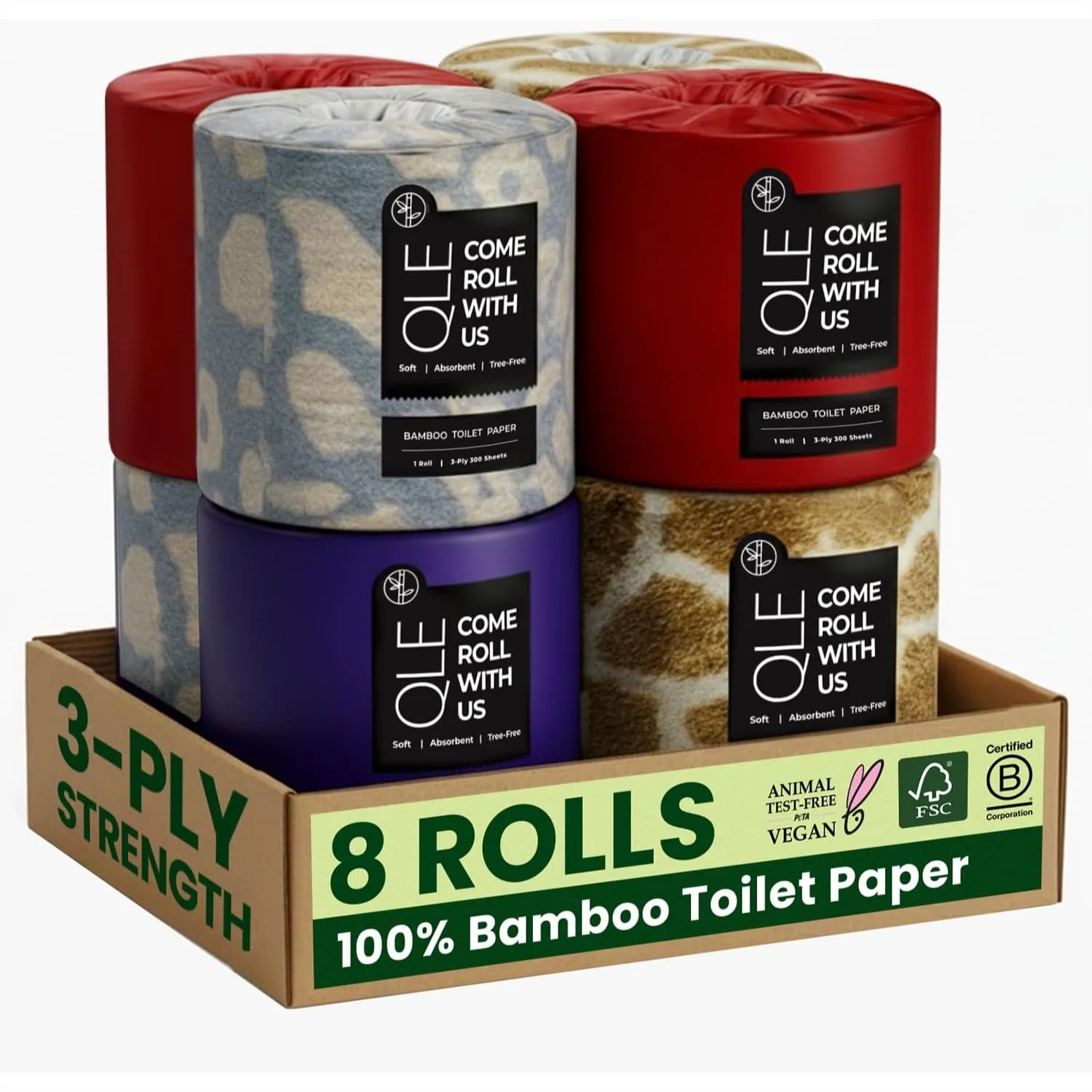 

Bamboo Toilet Paper 8 Pack 3 Ply 300 Sheets - Soft, Compostable, Septic Safe Plant-Based Rolls for Sensitive Skin