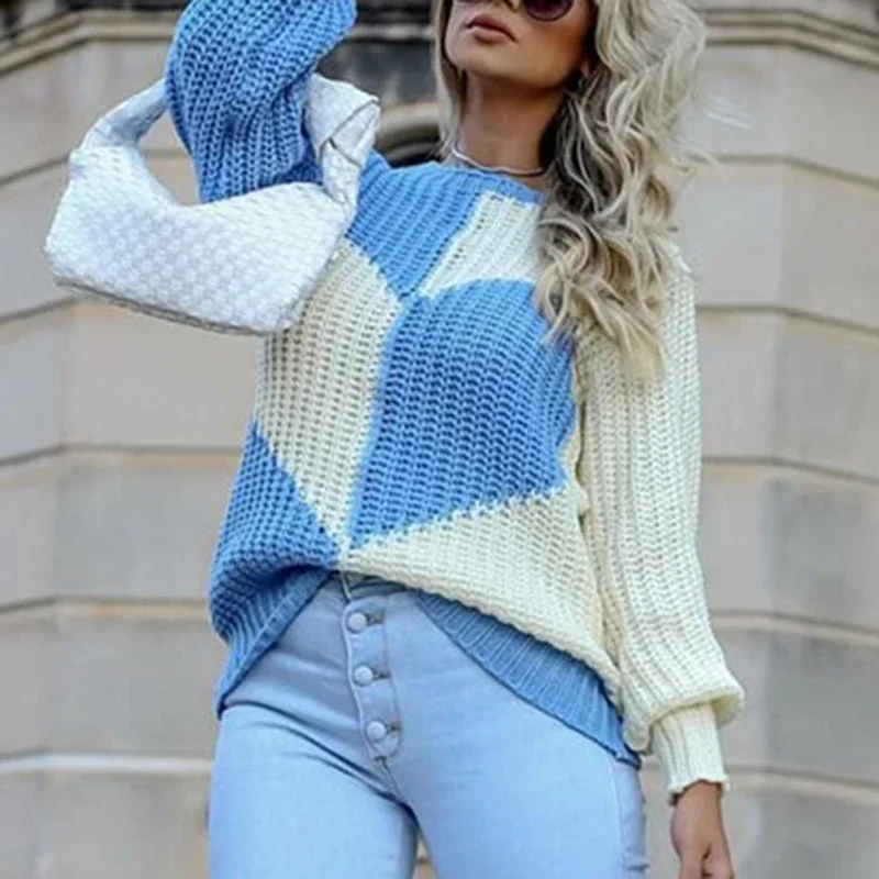 Pull décontracté à manches longues pour femmes, col rond, imprimé d'amour, patchwork, élégant, mode pour dames, automne, hiver