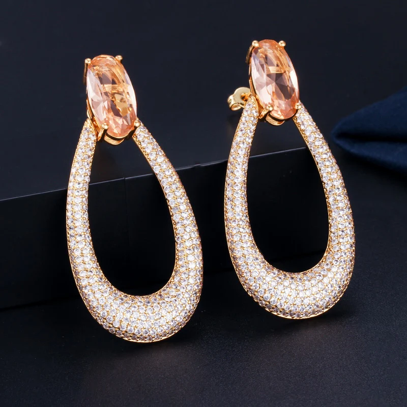 

CWWZircons Yellow Gold Color Micro Pave Cubic Zirconia Stone Long Round Drop Earrings Engagement Wedding Party Jewelry CZ583