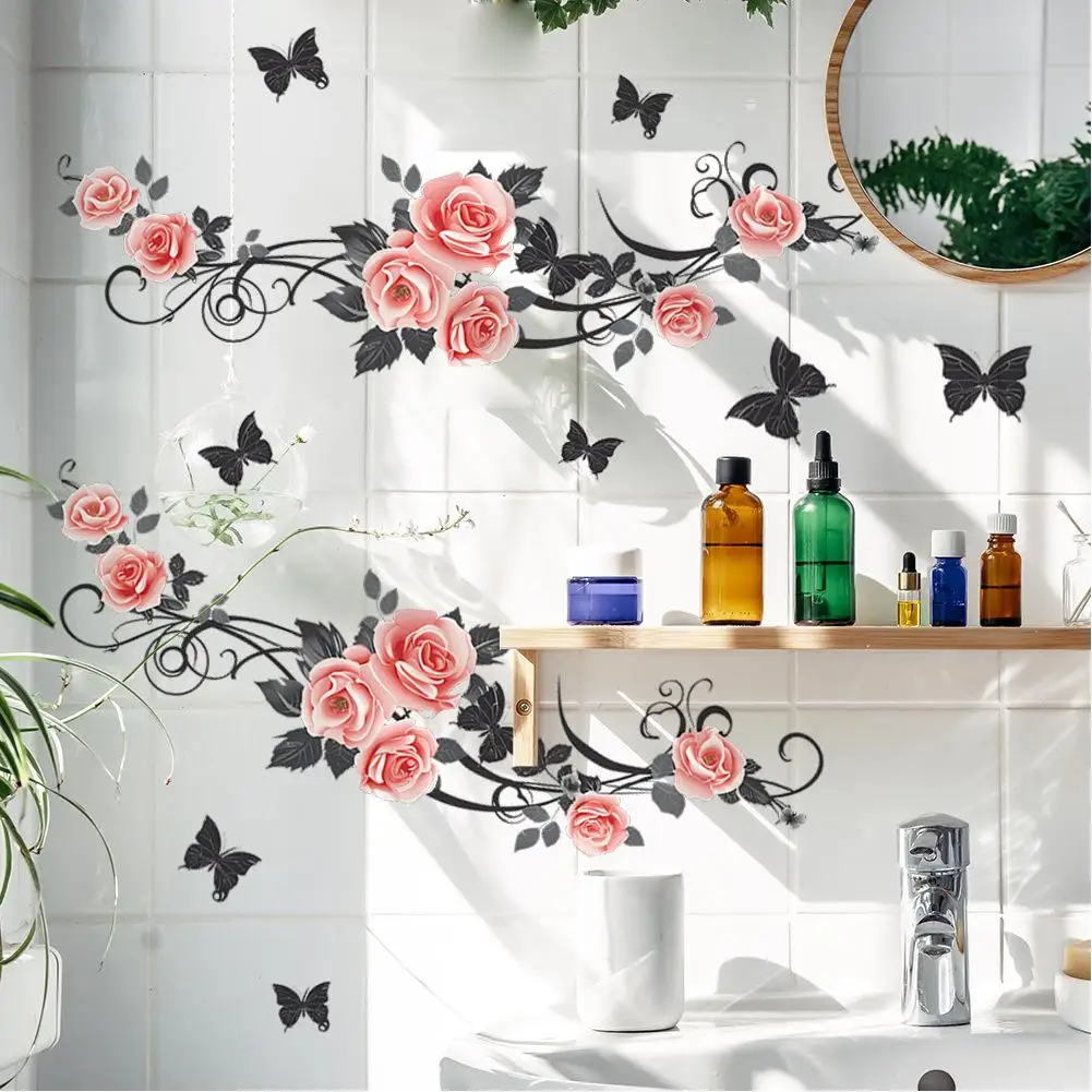 Bathroom Wall Decals Sticker Flowers Colorful Removable Floral Rose Butterfly Vine For Living Room Nursery Restroom Bedroom