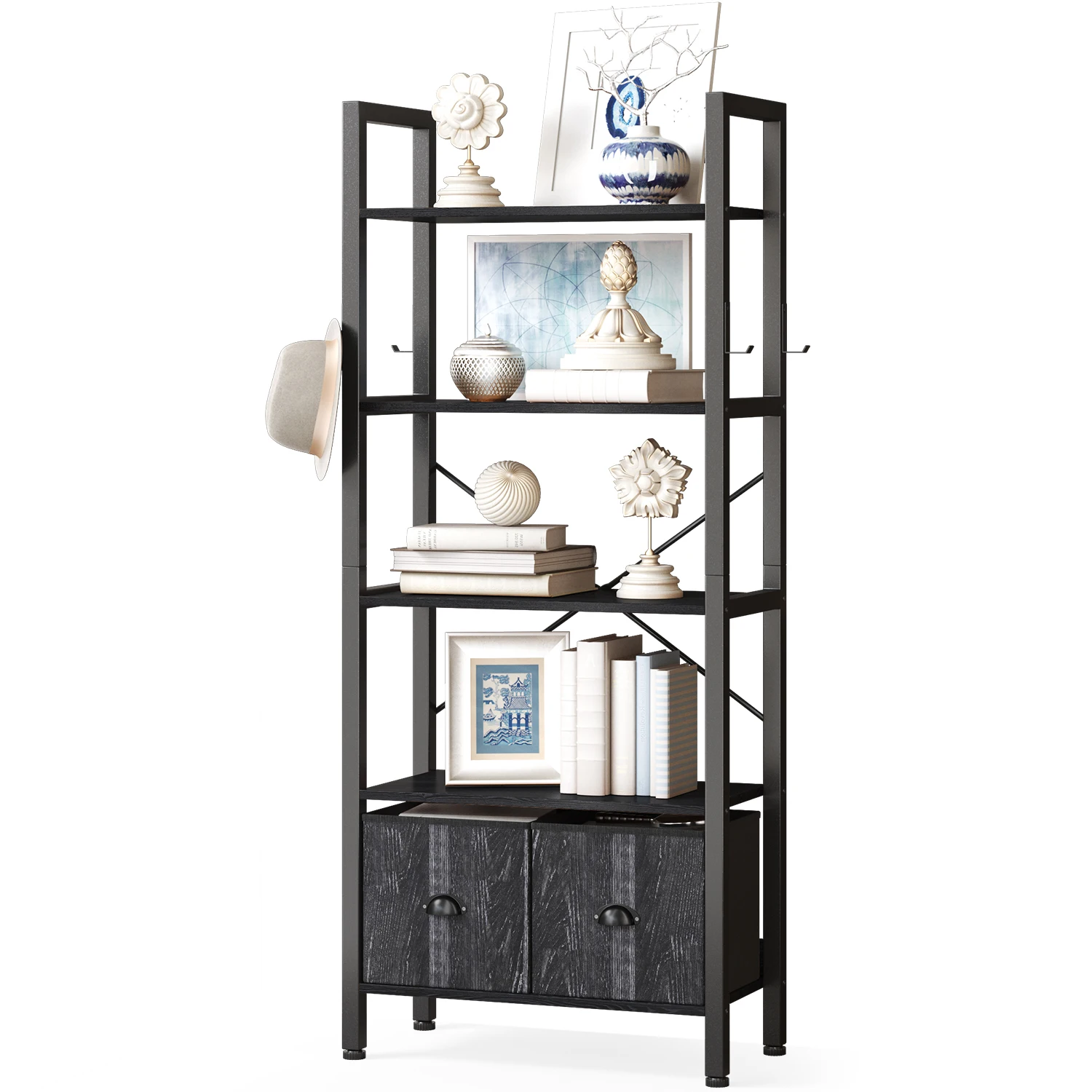 5-Tier Bookshelf with 2 Storage Drawers, Rustic Wood Storage Shelf with Metal Frame, Open Bookcases for Living Room, Bedroom