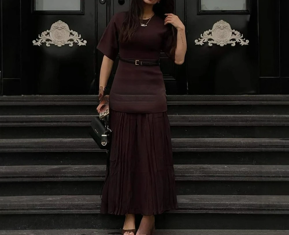 

2025 Women's Fashionable Chiffon Patchwork Hem Short Sleeved Round Neck Short Sleeved Dress