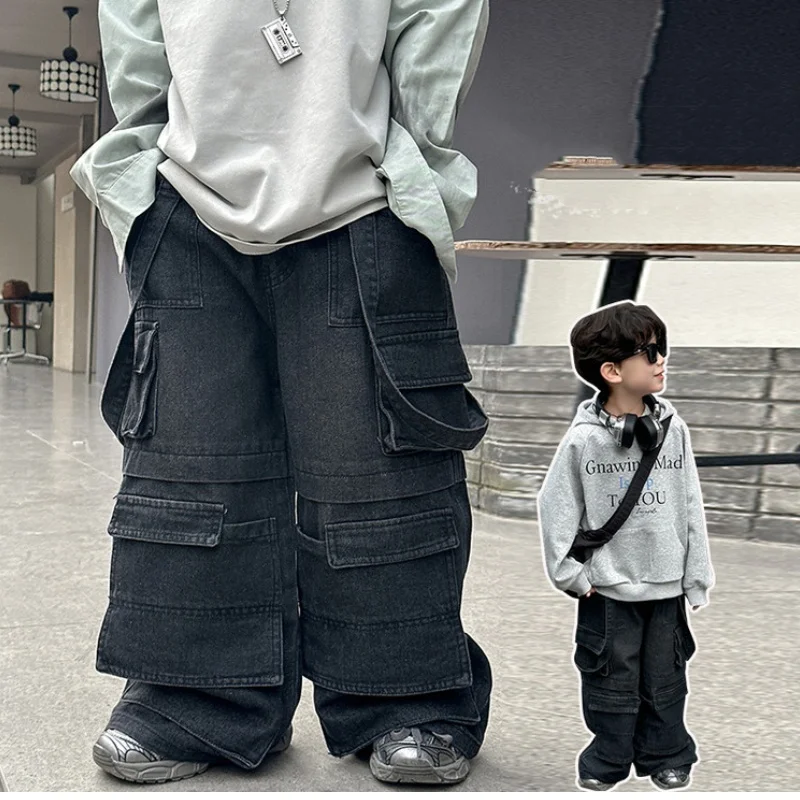 

Baby Boy Loose Jeans With Side Pockets Tween Boys Black Jeans Teenage Long Trousers Toddler Street Style Denim Toddler Age 2-11Y