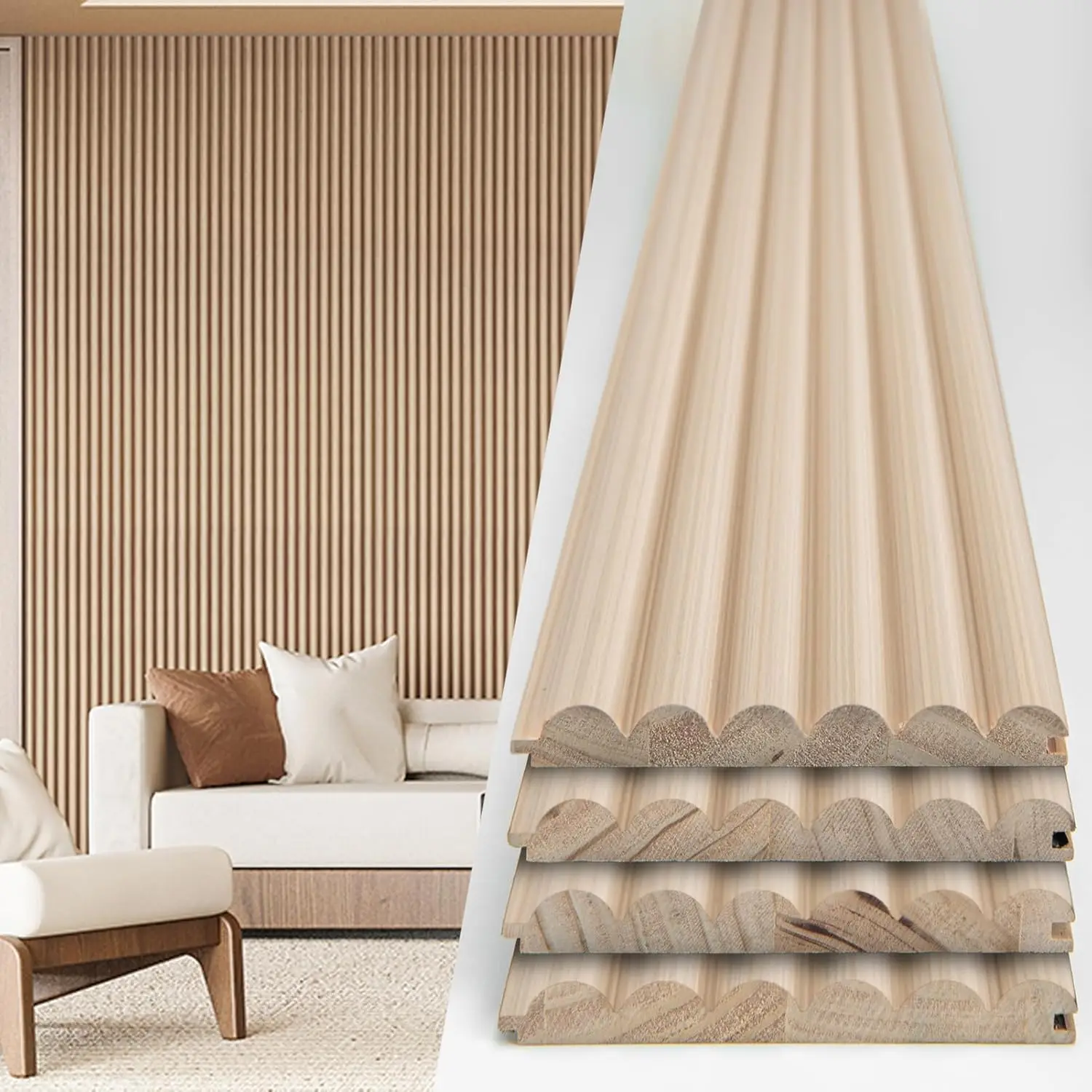 

Fluted Wood Wall Panel 108x5.7x0.7in Beaded Accent Molding for Home Decoration with End-Trim, Pack of 4+1