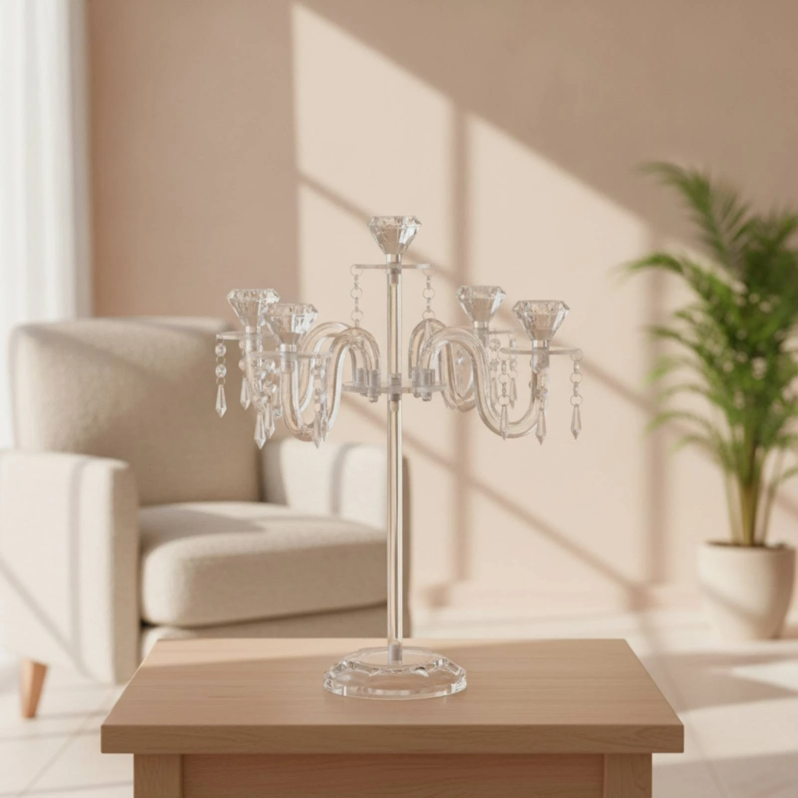 Candélabre avec pendentifs en cristal, candélabre décoratif à cinq bras, centre de table sophistiqué à cinq bras