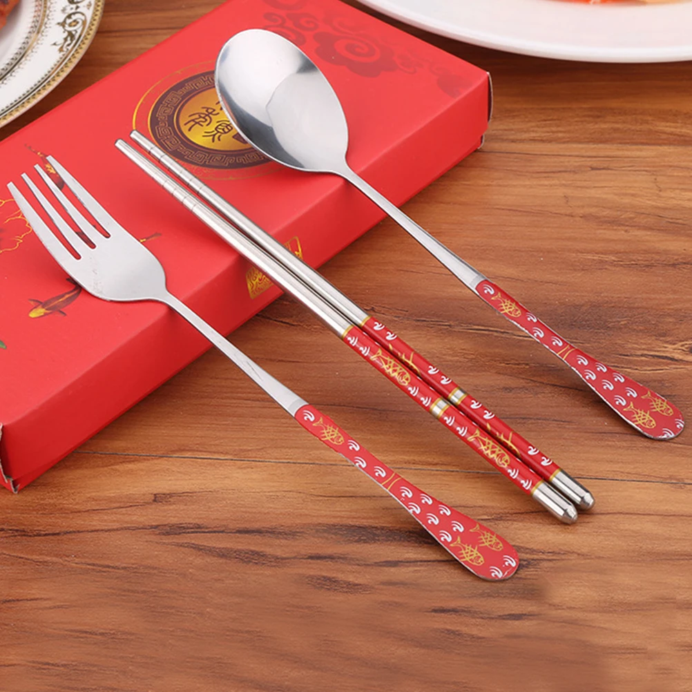 

3 PCS Chopsticks and Spoons Fork Tableware Silverware Utensils Cutlery Stainless Steel