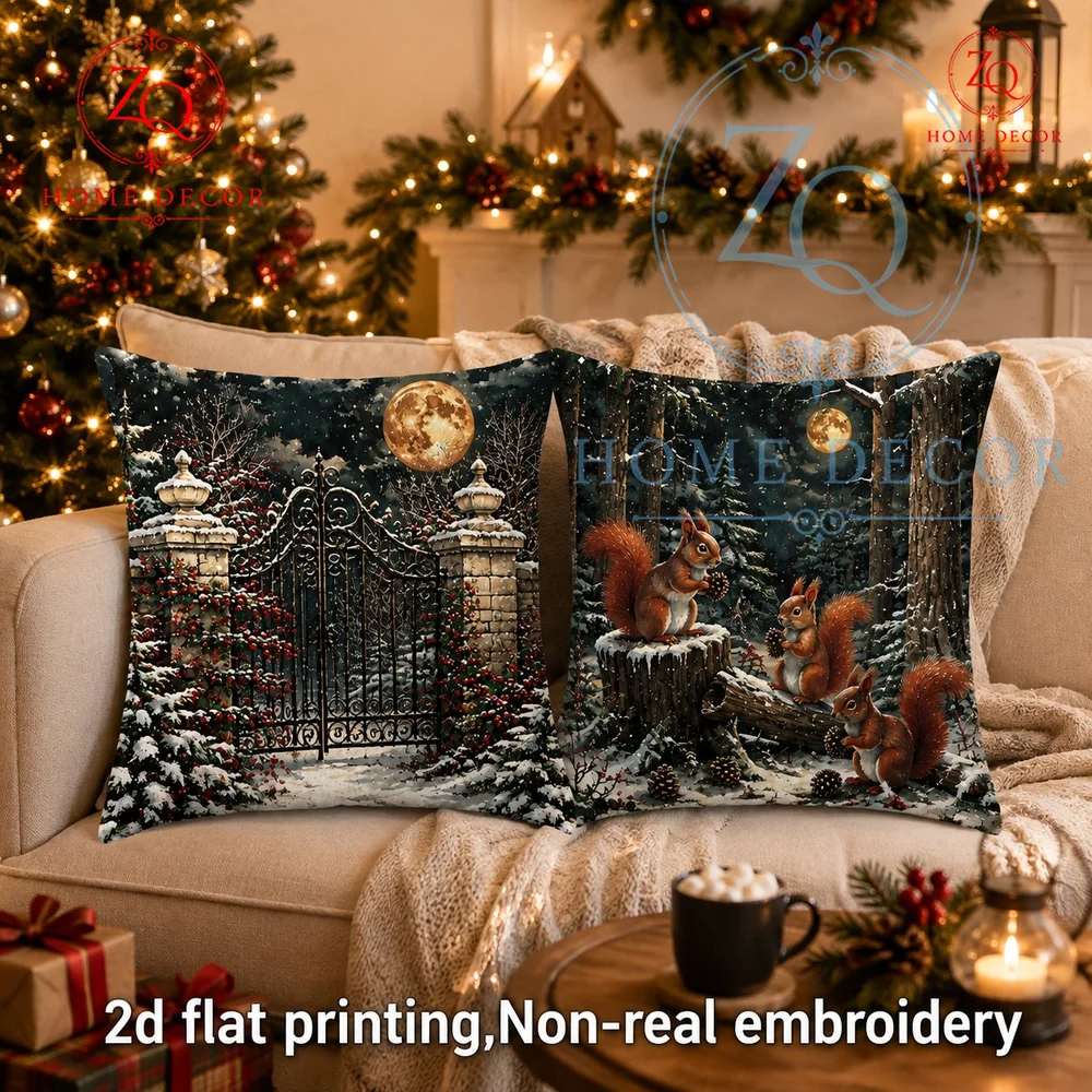 Vintage Winter Night Iron Gate Throw Pillow Cover Snowy Moonlit est Scene Cushion Case  Rustic Farmhouse Home Holiday Decor