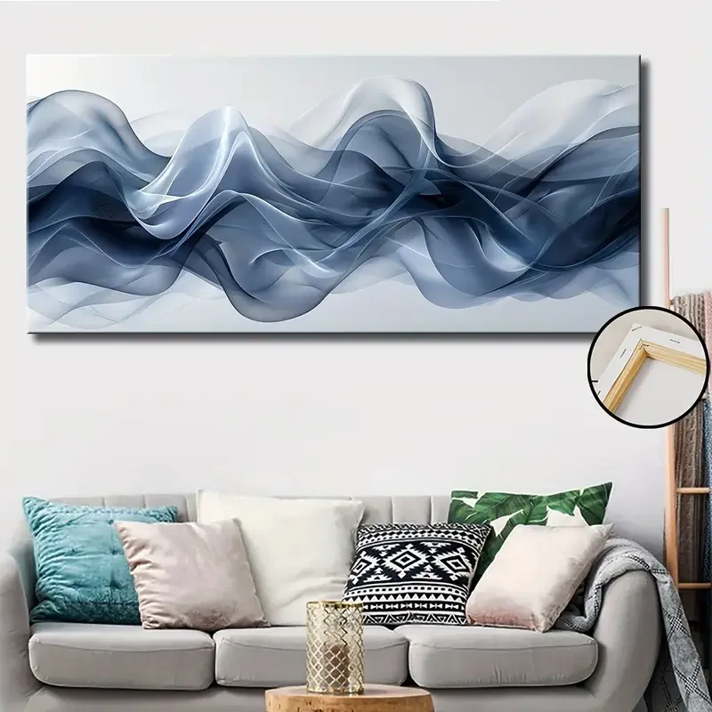 Modern Abstract Wave Canvas Wall Art - Blue & White Fluid Design, Solid Pine No Frame (1.5