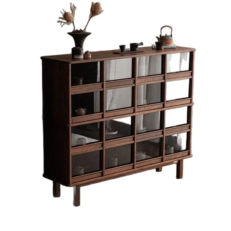 Solid wood glass display cabinet, black walnut tea cabinet wine cabinet