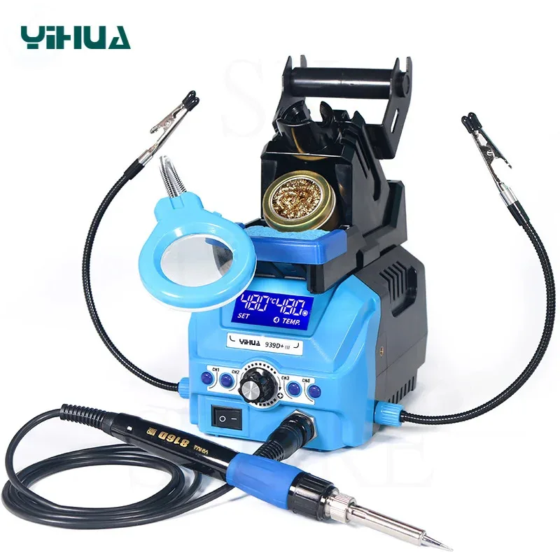 YIHUA939D+ III Multi-function LCD Digital 75W Lead-free Soldering Station Iron Station With Clamping Clips & LED Magnifying Lens