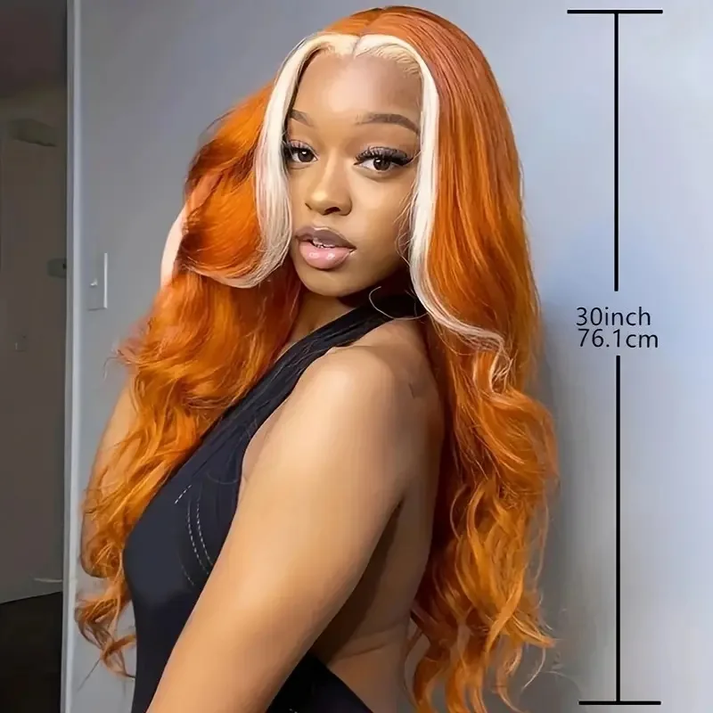 Ginger Orange Wig with Blonde Highlight 13x6 13x4 Transparent Lace Frontal Human Hair Wig Body Wave Blonde Stripe Lace Front Wig