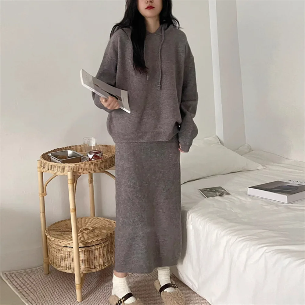 Korean Style Fashionable Casual Suit Women's Loose Hooded Knitted Sweater Half Skirt Two-piece Set