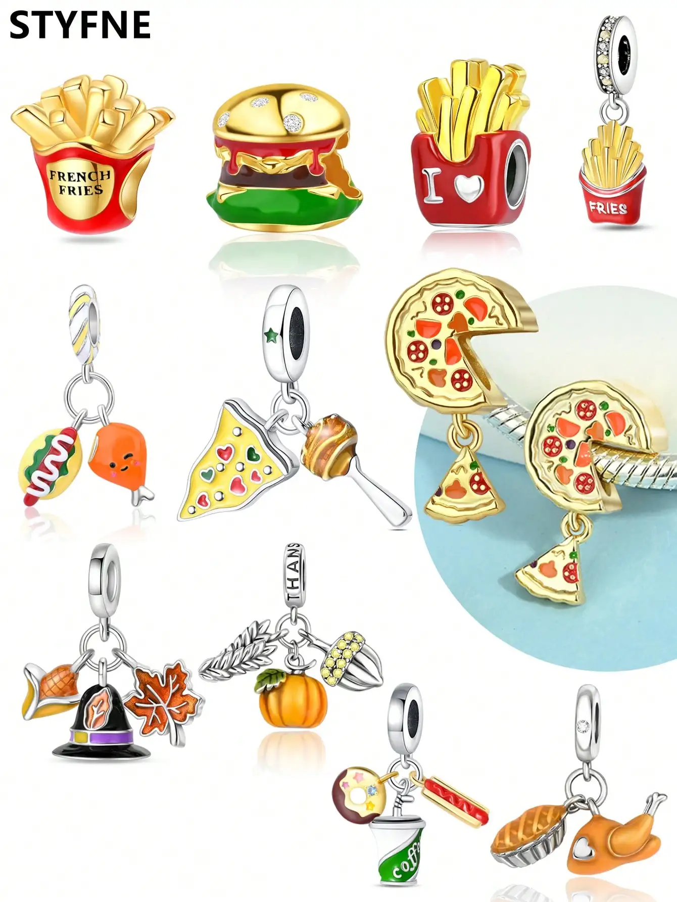 Charms Plata Delicious Food Pizza Roast Chicken Bead Silver Plated Fit Silver 925 Original Bracelet for Jewelry Making DIY Charm
