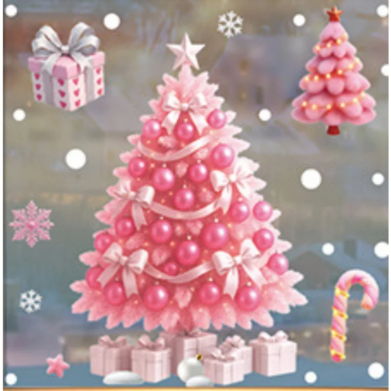 Anello fortunato Alce rosa Fiocco di neve Slitta Palloncino Albero Fiocco di neve Festivo Cartone animato Adesivo per finestra in PVC per il negozio di casa Festival di primavera