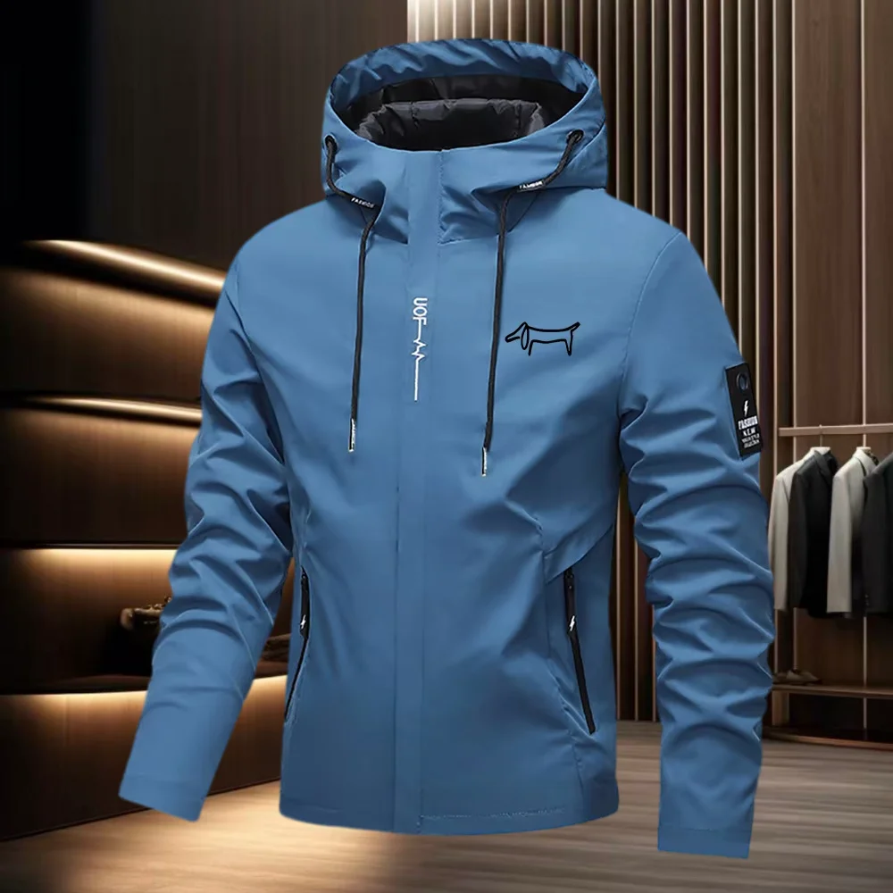 Fashionable men's exquisite dog print hooded pocket jacket hot selling outdoor training sports windproof zipper autumn casual to