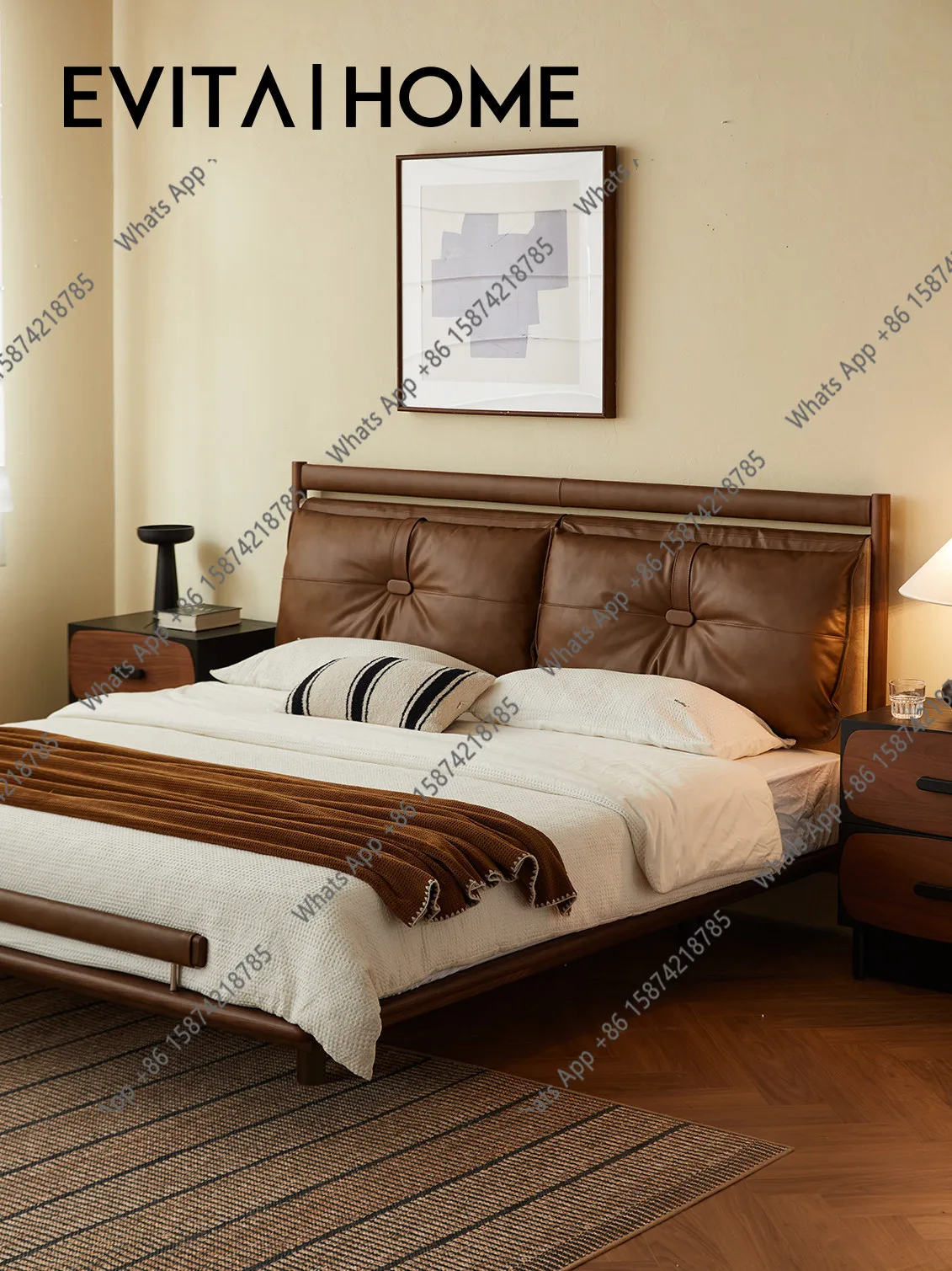 Walnut color suspension master bedroom  atmosphere first layer cowhide double soft package marriage medieval retro wind bed