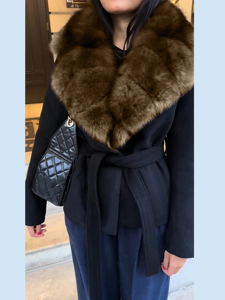 أنيقة فو الفراء الدانتيل يصل معطف الصوف المرأة شال طوق مربوط الخصر كم كامل معاطف الإناث الخريف الشتاء سيدة الموضة أبلى