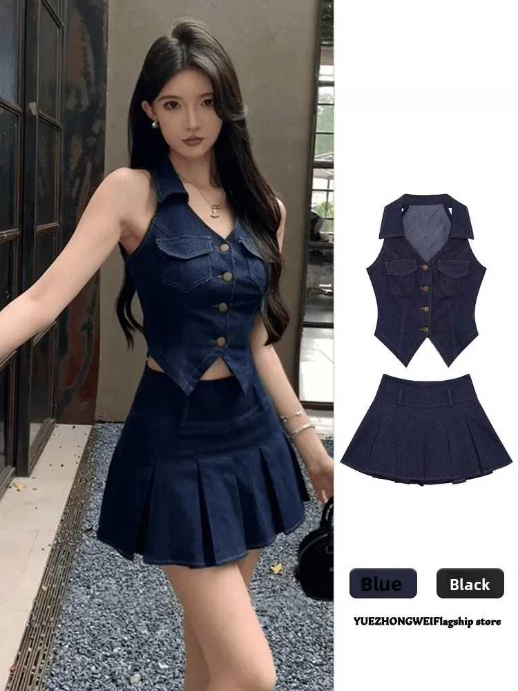 

Fashionable Summer Outfit Cute Denim Vest And Pleated Skirt Two Piece Set for Trendy Girls V Neck Button Style Women's Set