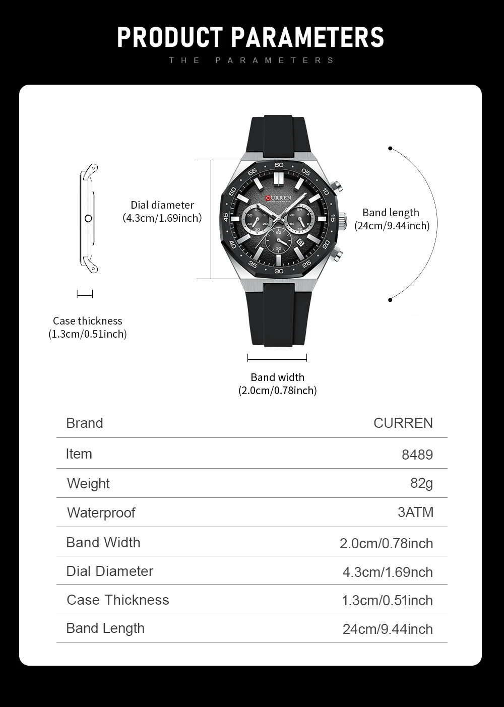 CURREN Herren Sport-Chronograph-Uhr mit Silikonarmband, Multifunktionszifferblatt mit Datum, Leuchtzeigern, Casual Quarz-Armbanduhr – Detail 1