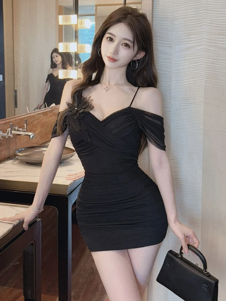 Foamlina-minivestido Sexy de malla para mujer, vestido elegante con cuello en V y tirantes finos y hombros descubiertos, vestido de fiesta fruncido ajustado, ropa para discoteca Y2K