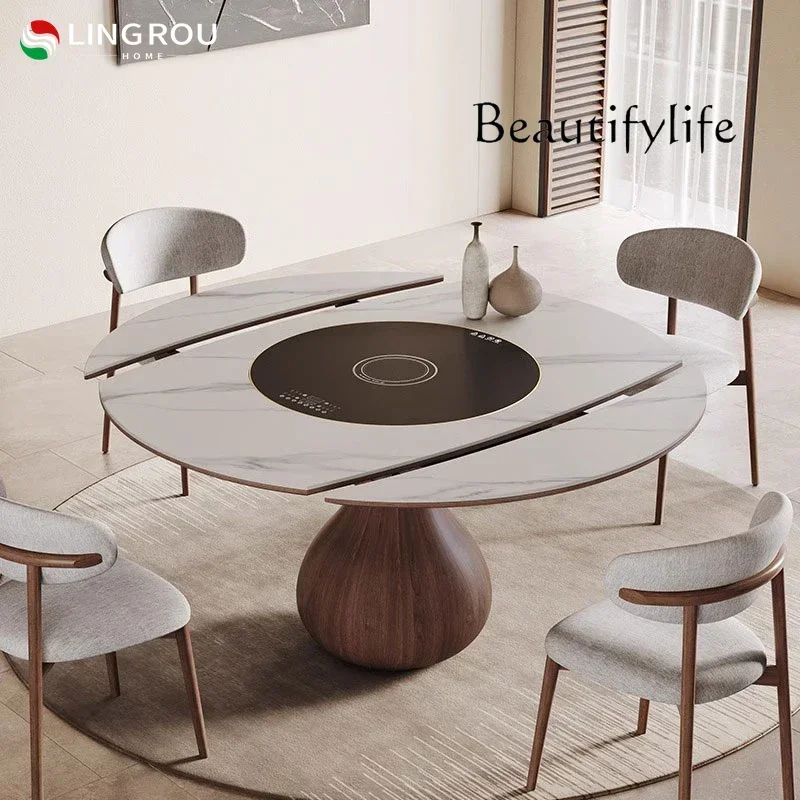 French retro solid wood round modern simple small apartment medieval new rock slab dining table retractable