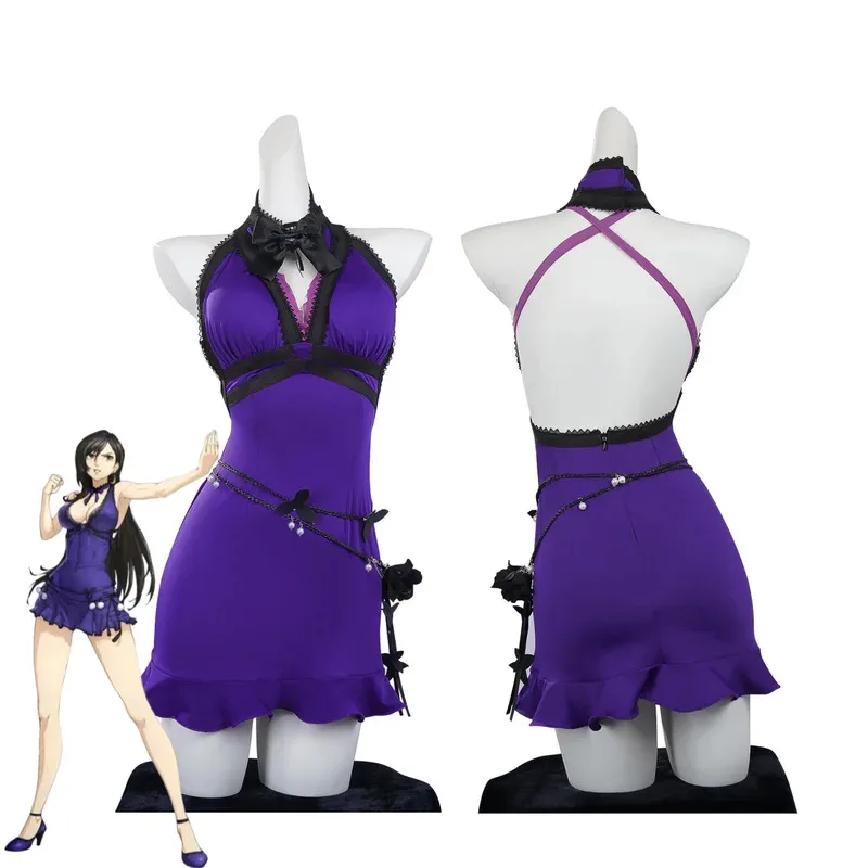 Anime jeu VII Tifa Lockhart Cosplay Costume violet robe de soirée perruque adulte femme Sexy carnaval Costume de noël olp;4