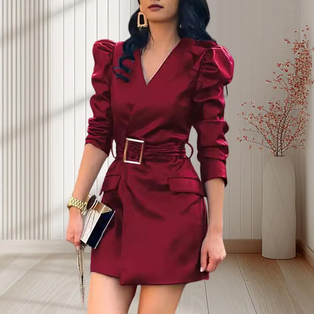 Slim Waist Mini Dress Elegant V Neck Faux Leather Mini Dress with Bubble Sleeves Belted Waist for Women for Office Shopping