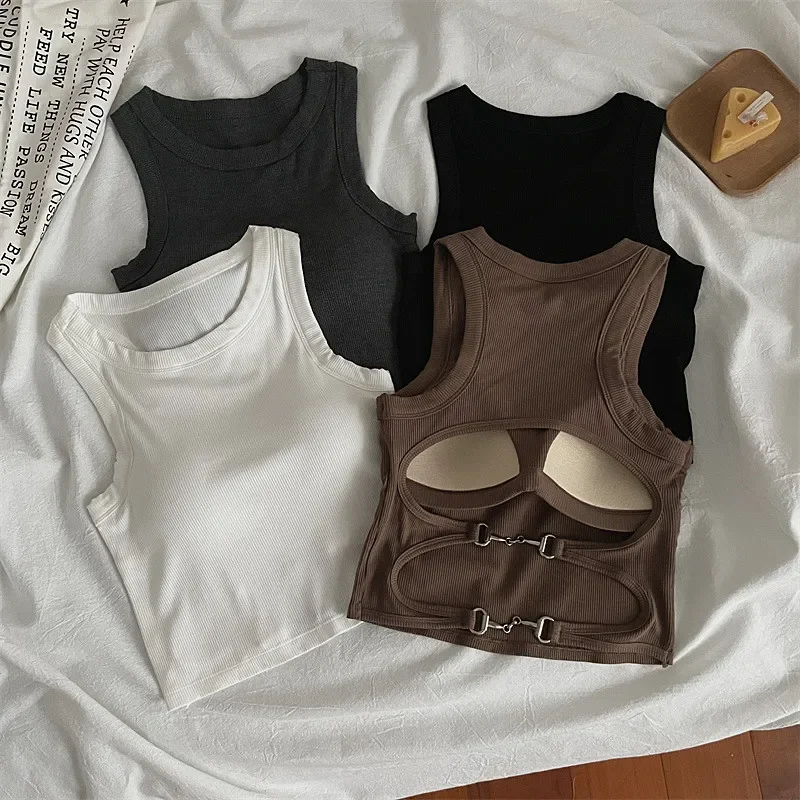 Nuevas camisetas sin mangas deportivas para mujer con almohadilla para sujetador, Tops cortos informales con espalda descubierta, camisola para correr de punto para mujer, Tops de calle Y2K