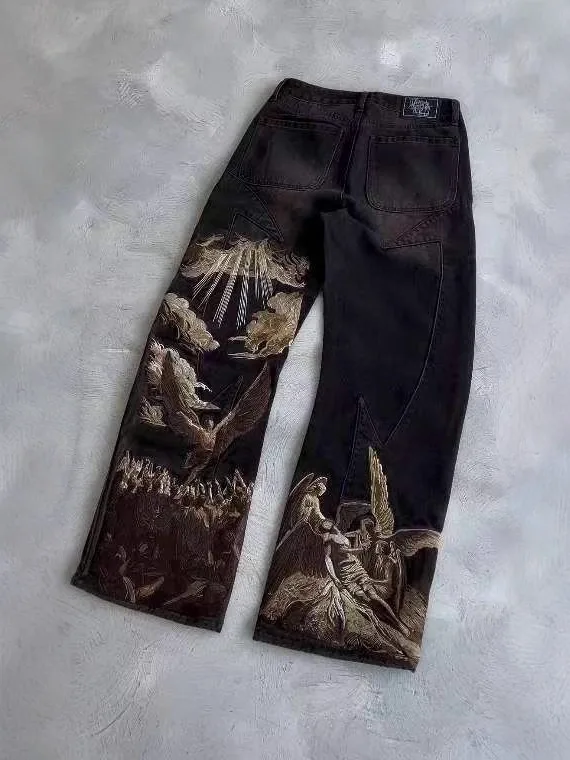 

Harajuku Bat Pattern Loose Y2K Jeans mid Waist Print Cotton Casual Straight Leg Breathable And UV Protection for Youth