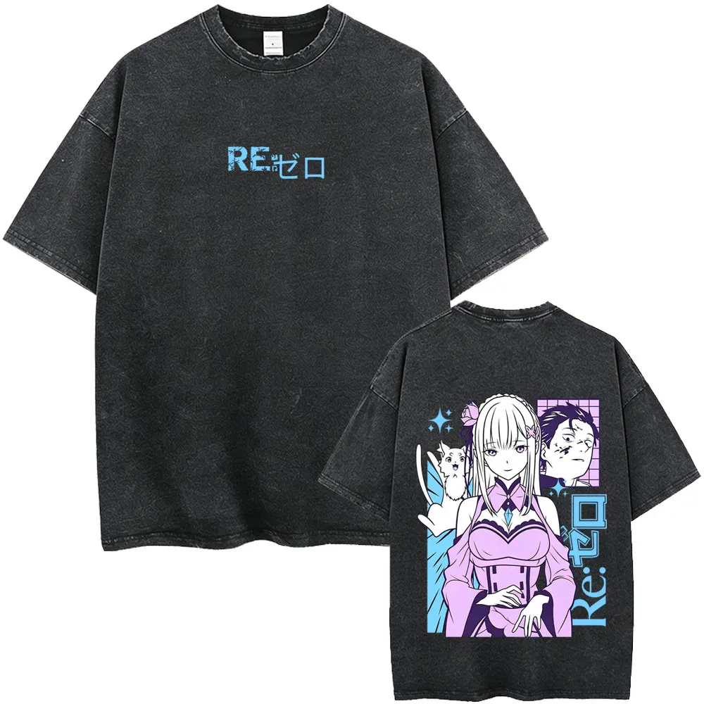Washed Vintage Anime Re:ZERO Starting Life in Another World T-shirt Subaru Natsuki Emilia Pack T Shirt Men Women Oversized Tees