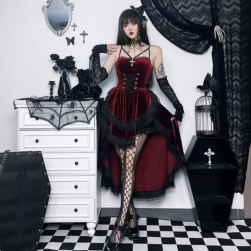 loween Witch Dr Gothic Sle Asymmetrical Lace Hem Strap Long Red Bla Lolita Dr Women's Velvet Long Sve High Waist