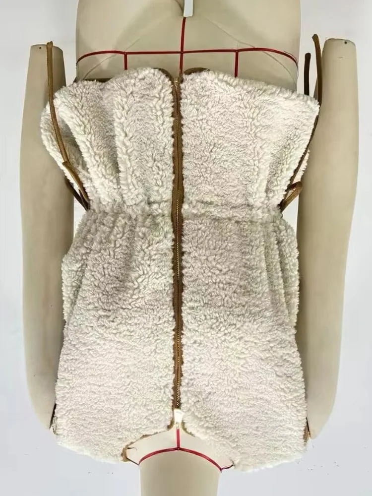 

HH Female Elegant Casual Zipper Bow Tie Sleeveless Top Women New Fashion Warm Crew Neck Adjustable Waist Lamb Wool Vest Top