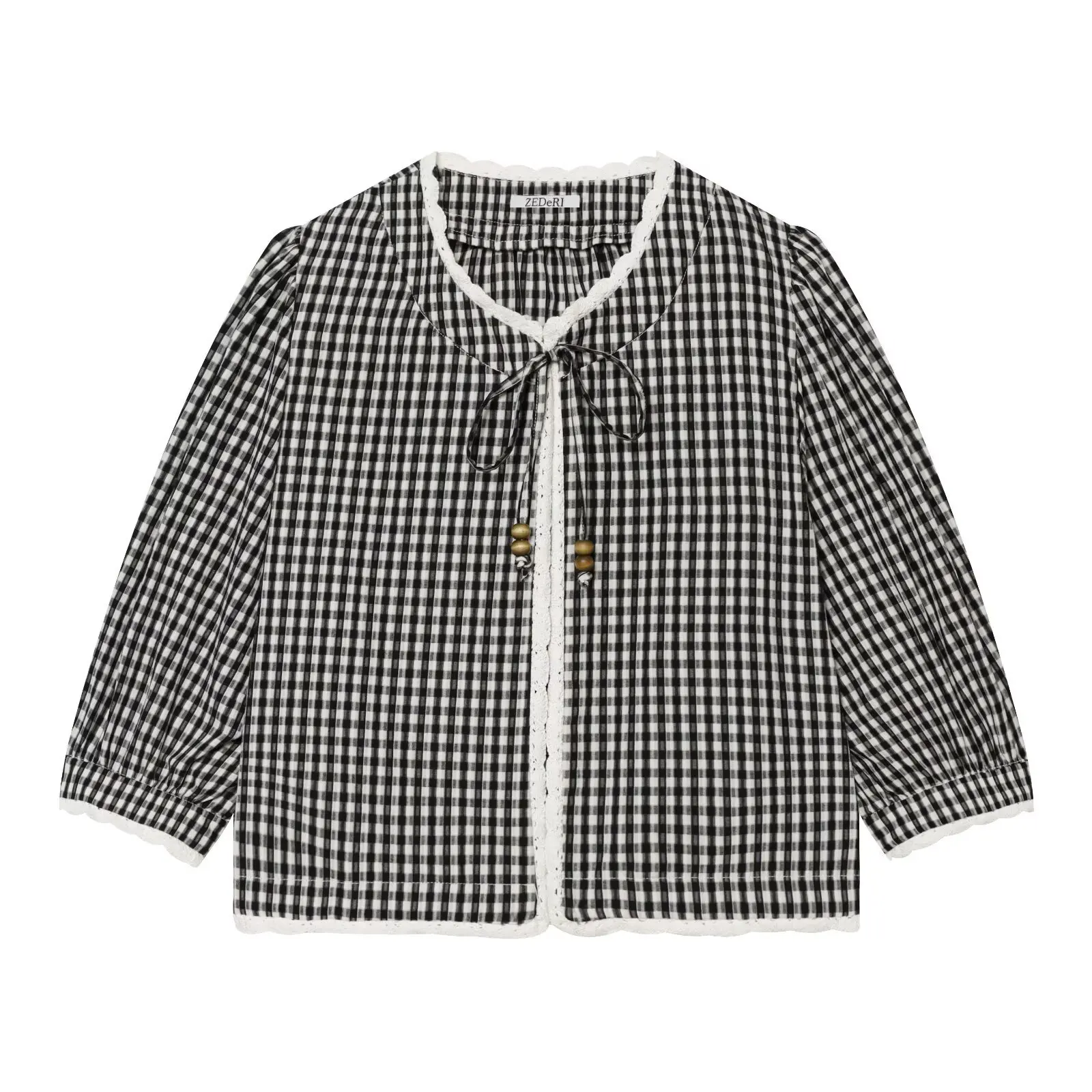 European and American 2026 new summer women's clothing commuting style bow plaid lace splicing temperament shirt top